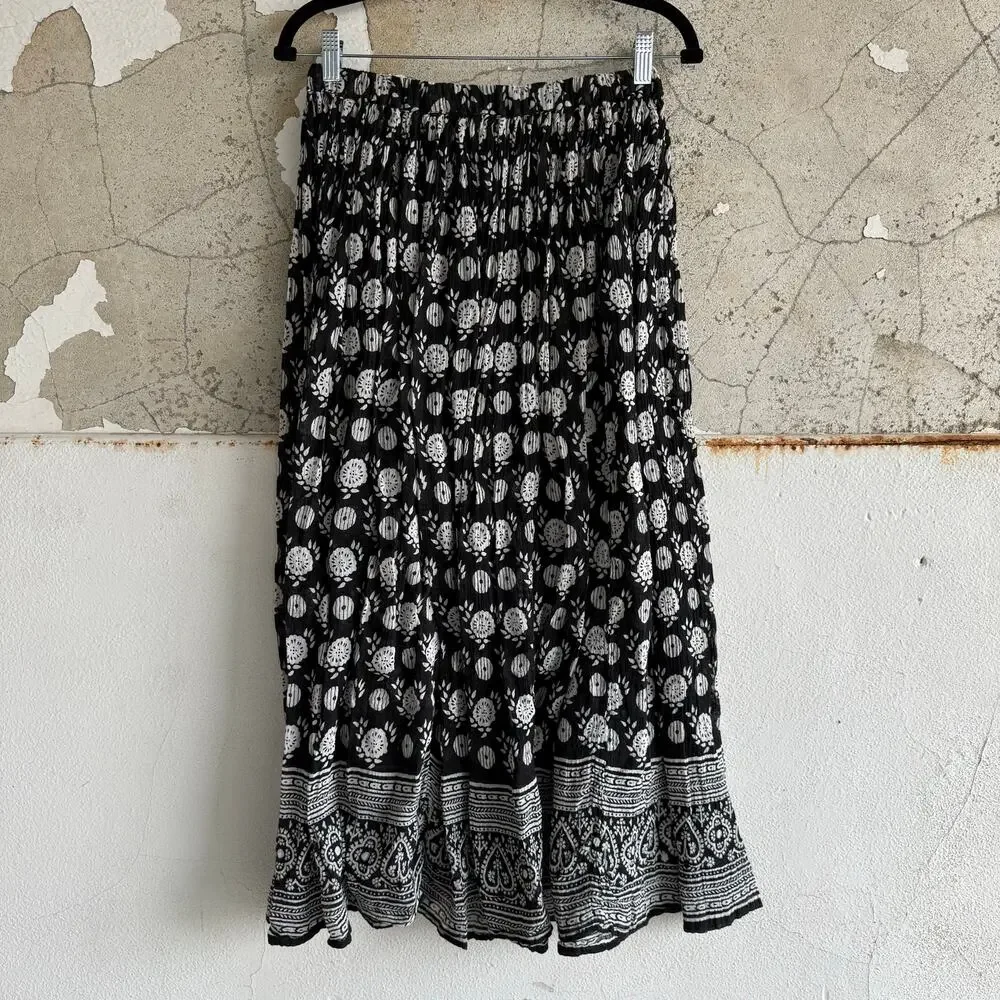 Vtg Midi Skirt Crinkle Cotton Black White‎ Block Print Bohemian Cottagecore OS